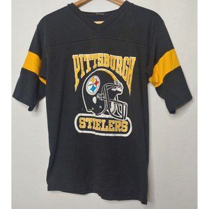 Vintage Pittsburgh Steelers Medium T Shirt Single Stitch Black V Neck Stripe NFL